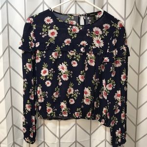 Navy blue flowered long sleeve blouse